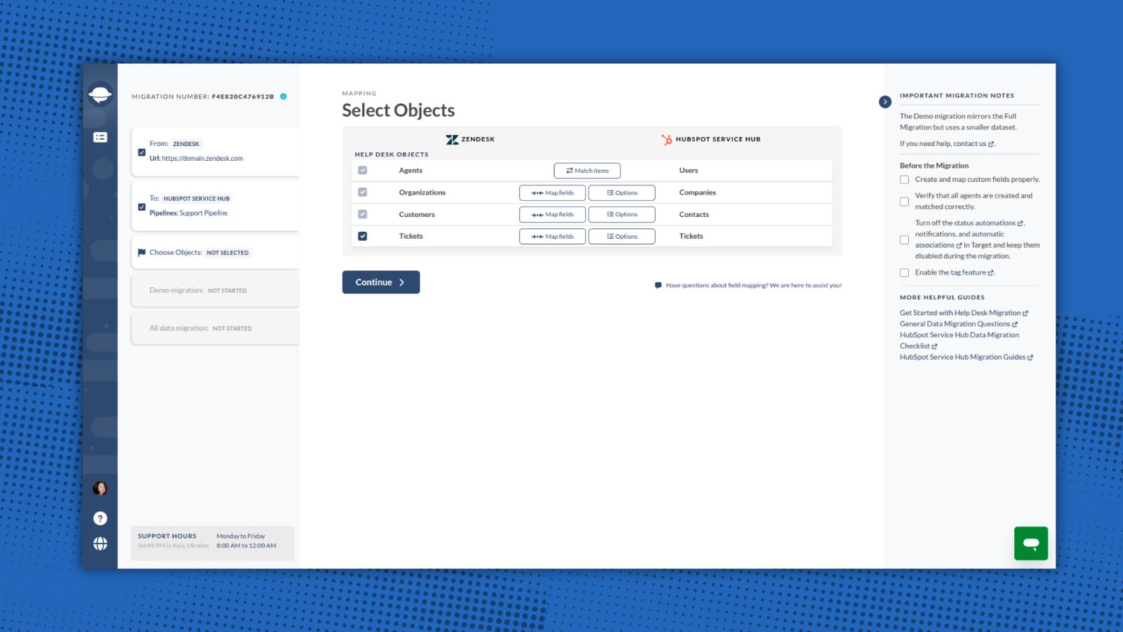 Migrate users, companies, contacts, and tickets to Hubspot